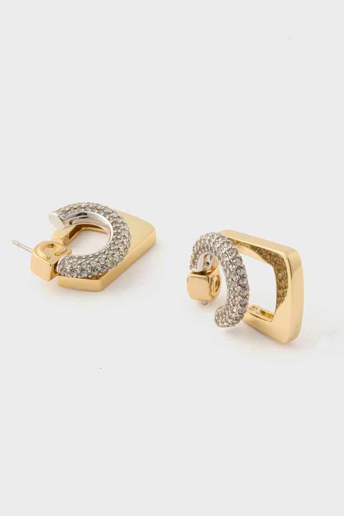 Gold, Silver and Crystal Tine Mini Pavé Earrings: classic, high-end design with effortless sparkle, featuring gold-tone frames and pavé-set crystal hoops for versatile, fun elegance.