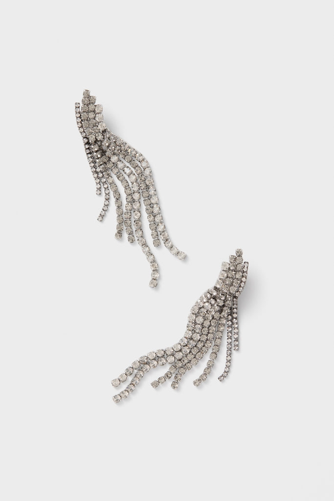 Crystal Rue Earrings: Classic, rhinestone-studded fringe earrings with cascading crystal strands, offering an effortless, high-end sparkle for any occasion, embodying fun and elegance.