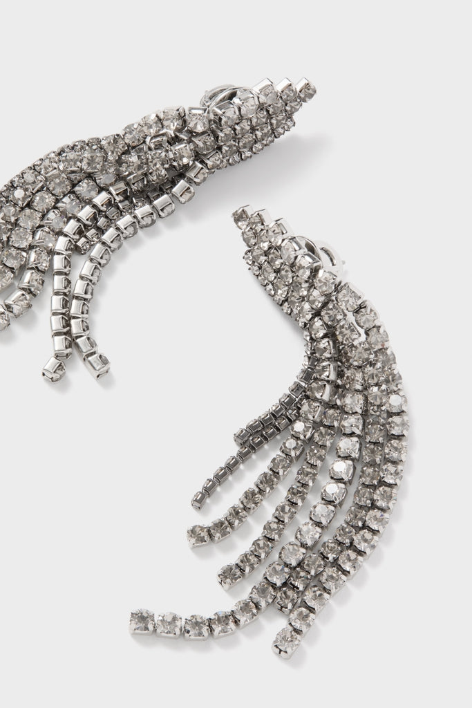 Crystal Rue Earrings: Classic chandelier-style earrings with silver-tone, crystal-studded fringe, offering an effortless and fun high-end look for any occasion.