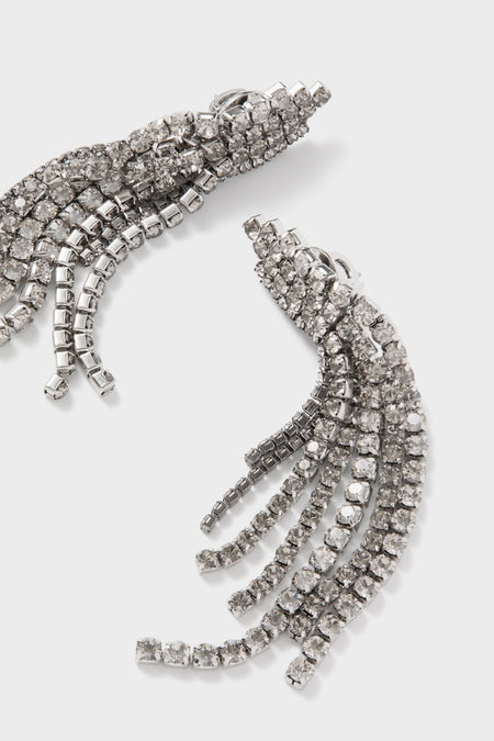 Crystal Rue Earrings: Classic chandelier-style earrings with silver-tone, crystal-studded fringe, offering an effortless and fun high-end look for any occasion.
