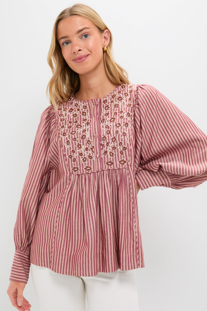 Red Lurex Stripe Hand Beaded Sydney Blouse