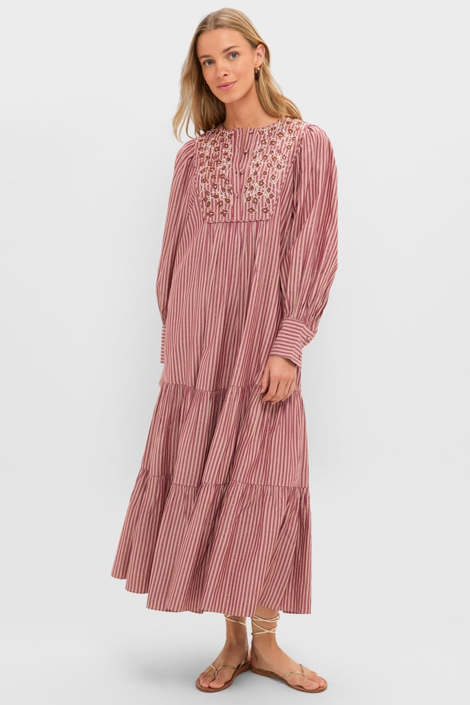 Red Lurex Stripe Hand Beaded Capote Dress