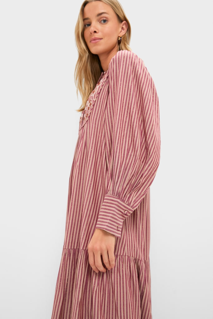 Red Lurex Stripe Hand Beaded Capote Dress