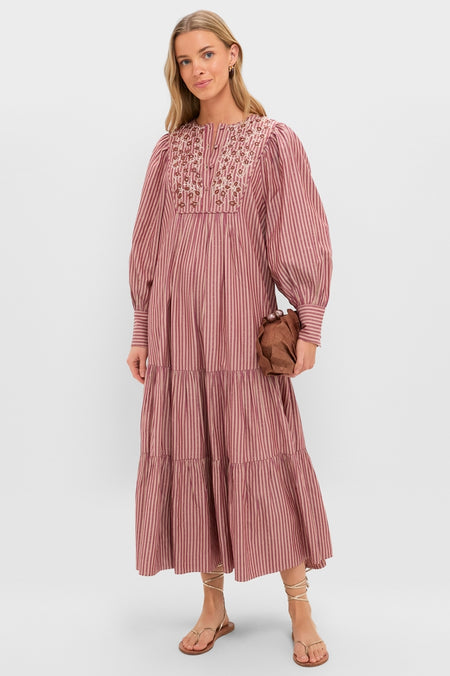 Red Lurex Stripe Hand Beaded Capote Dress