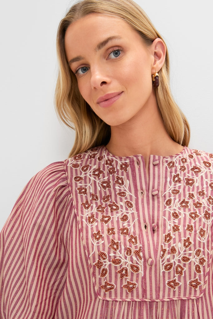 Red Lurex Stripe Hand Beaded Capote Dress