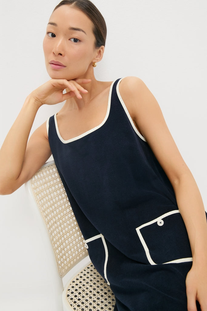 Navy Mini Terrycloth Button Tank Coverup