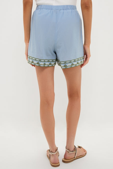 Sky Geometric Embroidered Parish Shorts, featuring a classic relaxed fit with green-and-white trim, perfect for an effortless, high-end summer style.