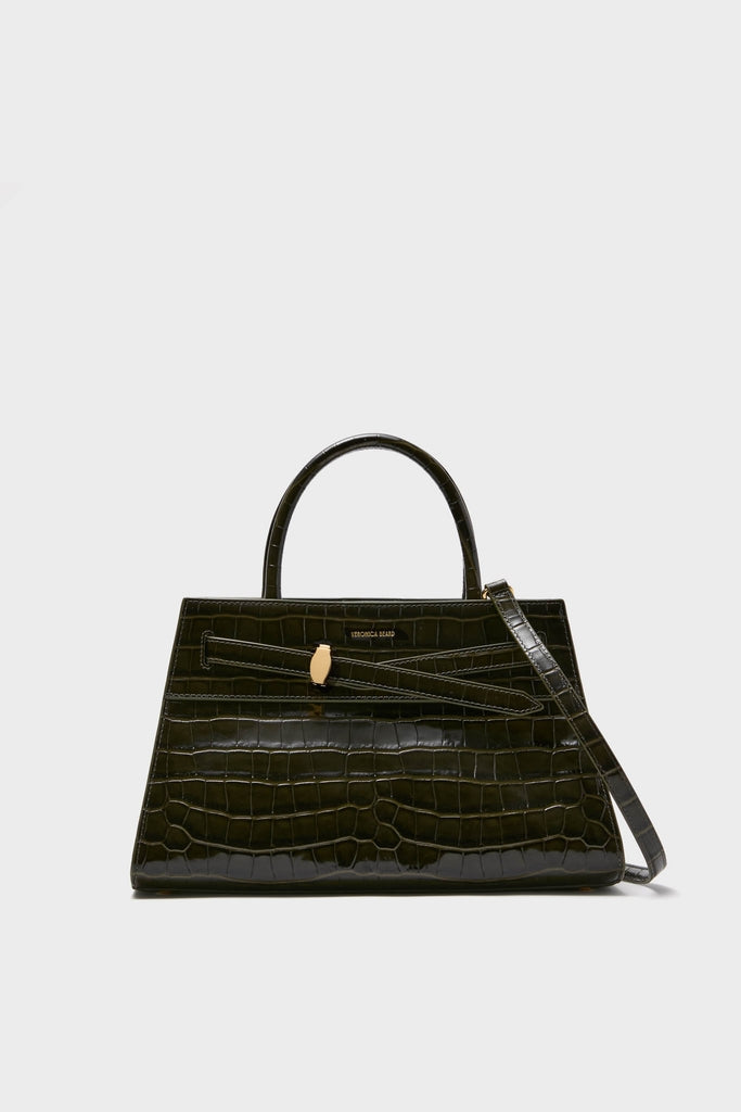 Cypress Croc Embossed Veronica Beard Dash Bag, a classic trapezoid handbag in luxurious crocodile-embossed leather with gold-tone clasp, combining effortless style and high-end sophistication.