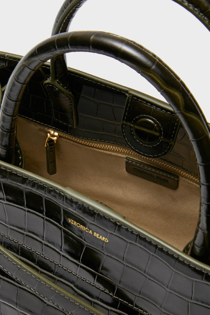 Cypress Croc Embossed Veronica Beard Dash Bag, a classic, high-end tote with structured design, rolled handles, and a soft tan interior, exuding effortless style and fun sophistication.