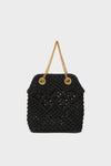 Black Small Macrame Veronica Beard Slouch Bag featuring a classic trapezoidal shape, effortless diamond-stitch pattern, and high-end gold chain handles for a fun, chic style.