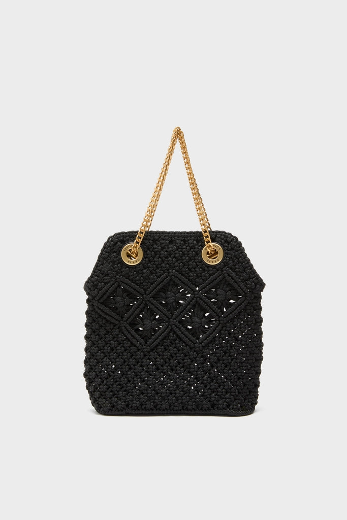 Black Small Macrame Veronica Beard Slouch Bag featuring a classic trapezoidal shape, effortless diamond-stitch pattern, and high-end gold chain handles for a fun, chic style.