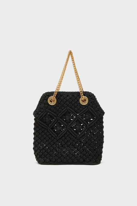 Black Small Macrame Veronica Beard Slouch Bag featuring a classic trapezoidal shape, effortless diamond-stitch pattern, and high-end gold chain handles for a fun, chic style.
