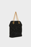 Black Small Macrame Veronica Beard Slouch Bag, featuring a classic diamond-patterned weave and effortless gold-tone chain handles, perfect for a fun, high-end look.