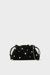 Black Small Crystal Stash Bag, a classic and high-end suede handbag with effortless crystal embellishments, tassel drawstring top, and fun silver chain strap.