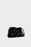 Black Small Crystal Stash Bag: A classic, high-end black suede pouch clutch adorned with clear jewel studs, featuring effortless drawstring tassels for a fun, sophisticated look.