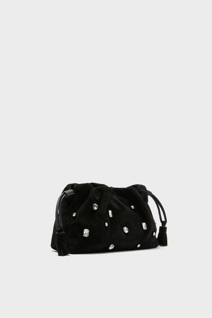 Black Small Crystal Stash Bag: A classic, high-end black suede pouch clutch adorned with clear jewel studs, featuring effortless drawstring tassels for a fun, sophisticated look.