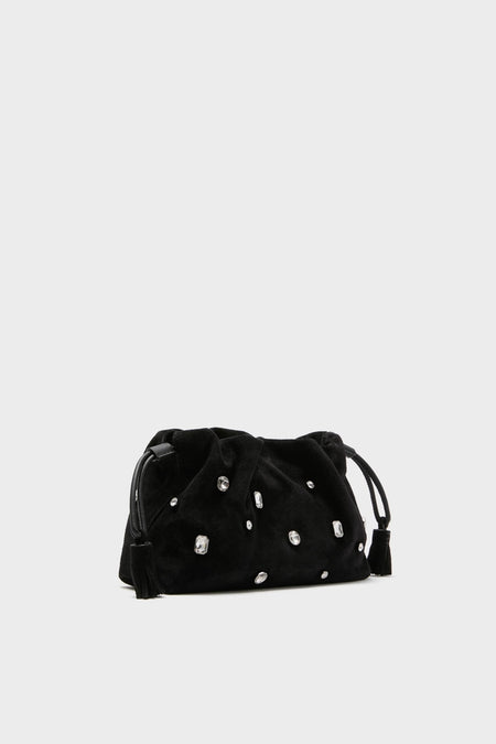 Black Small Crystal Stash Bag: A classic, high-end black suede pouch clutch adorned with clear jewel studs, featuring effortless drawstring tassels for a fun, sophisticated look.