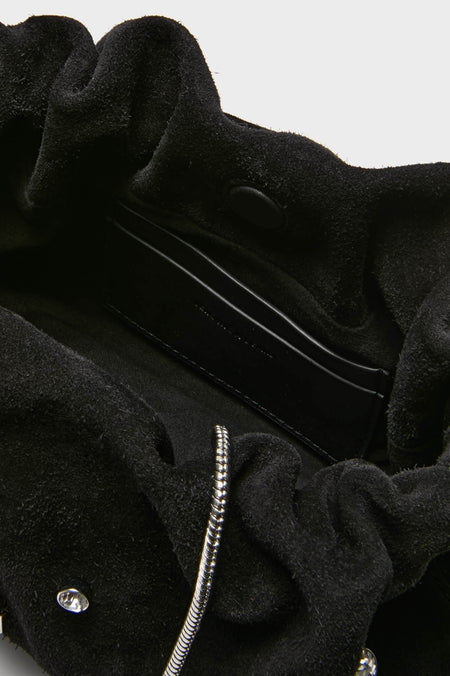 Black Small Crystal Stash Bag featuring an effortless, classic design with a soft suede opening, magnetic snap closure, interior pocket, and a thin metal-chain strap for a high-end, fun look.