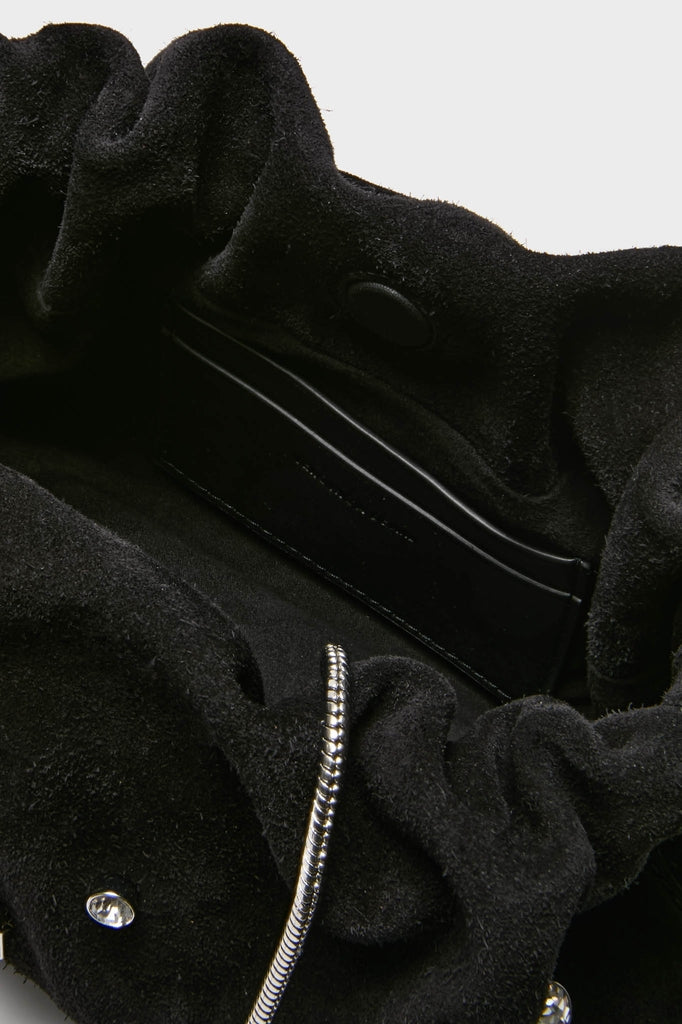 Black Small Crystal Stash Bag featuring an effortless, classic design with a soft suede opening, magnetic snap closure, interior pocket, and a thin metal-chain strap for a high-end, fun look.