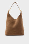 Bark Suede Jour Bag: A classic, effortless brown suede hobo shoulder bag with a gold chain handle and VERONICA BEARD logo, embodying high-end, fun style.