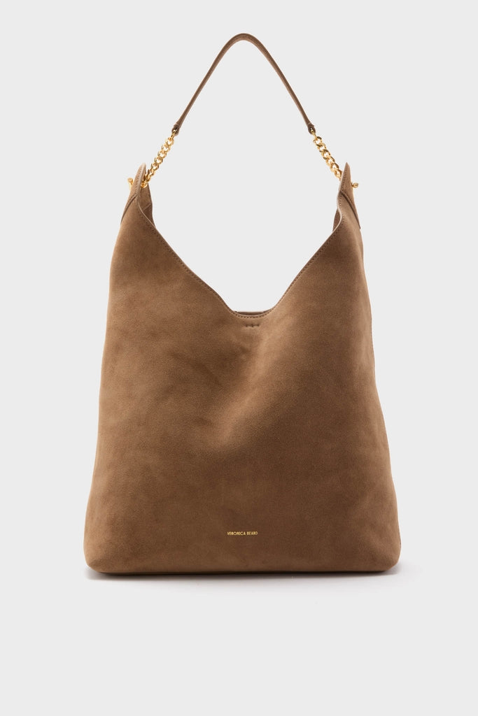 Bark Suede Jour Bag: A classic, effortless brown suede hobo shoulder bag with a gold chain handle and VERONICA BEARD logo, embodying high-end, fun style.