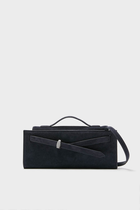 Navy Suede Veronica Beard Dash Clutch: A classic, minimalist handbag with a structured design, featuring a silver clasp and optional strap for effortless, high-end style.