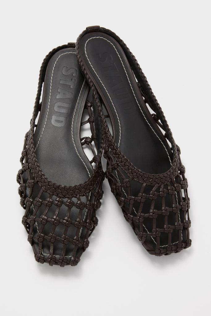 Espresso Otto Hand-Knotted Flat Mule: classic, effortless women’s slip-on with woven leather upper, stamped STAUD. A high-end, fun addition to any wardrobe.