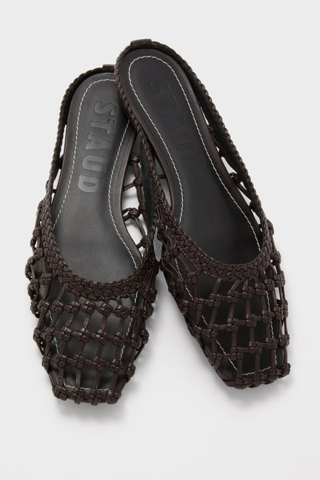 Espresso Otto Hand-Knotted Flat Mule: classic, effortless women’s slip-on with woven leather upper, stamped STAUD. A high-end, fun addition to any wardrobe.