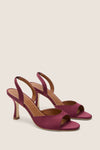 Mulberry Brigitte Heel: Classic open-toe slingback sandals in lustrous satin, featuring effortless style with medium-height heels and elastic straps for a high-end, fun look.
