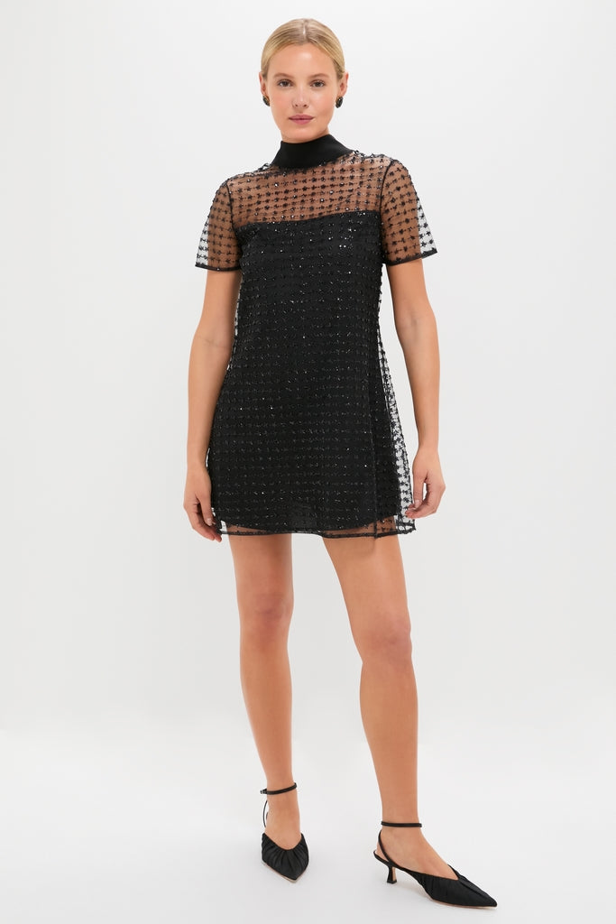 Stardust Onyx Ilana Dress: A classic, high-end mini with a shimmering, embellished tulle shell and self-tie bow, offering an effortless, fun statement look.