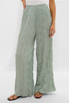 Silver Sage Nami Pant: classic, effortless palazzo with crinkled texture and elastic waistband, paired with black thong sandals, exuding high-end, fun style.
