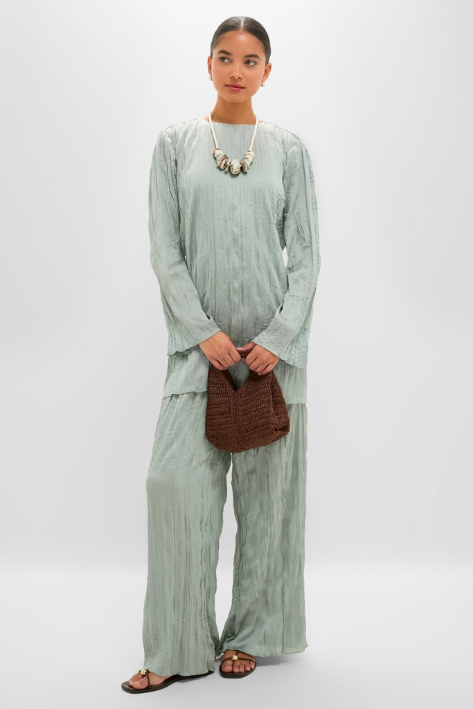 Effortlessly chic Silver Sage Nami Pant with relaxed fit, pleated detail, and elastic waistband, styled with a classic loose top and flat sandals for a fun, high-end look.