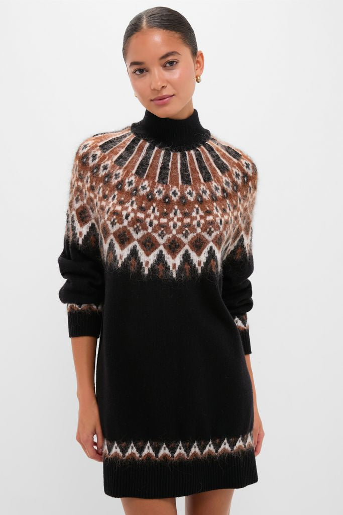 Zermatt Liza Sweater Dress: A classic, high-end black knit sweater-dress with effortless Fair Isle patterns, perfect for a fun and confident look.