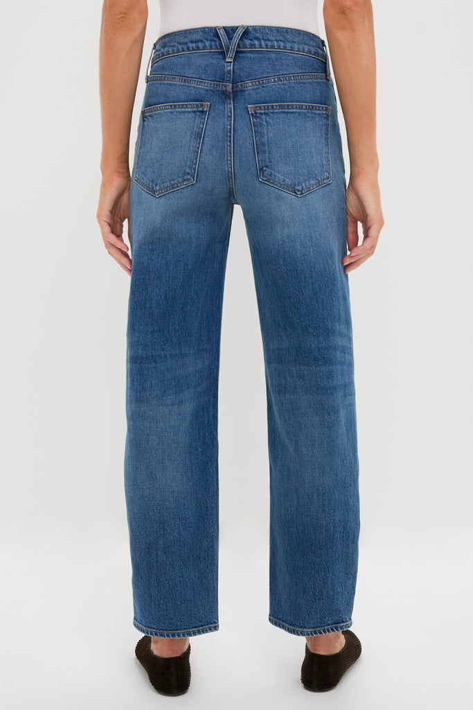 Rebel Blue Harley High Rise Arc Leg jeans in classic blue denim, showcasing an effortless, high-end silhouette with a subtle barrel leg and high-rise waist.