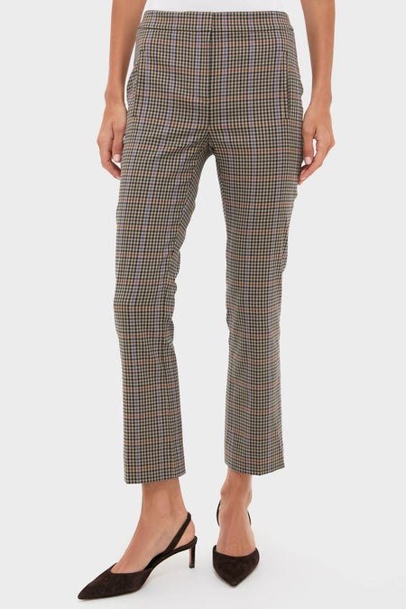 Russet Multi Arte Pant in tan check plaid, exhibiting a classic high-rise, slim-fit design with a slightly flared hem, paired with pointed-toe suede slingback pumps.