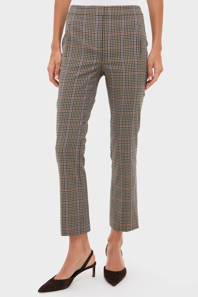 Russet Multi Arte Pant in tan check plaid, exhibiting a classic high-rise, slim-fit design with a slightly flared hem, paired with pointed-toe suede slingback pumps.