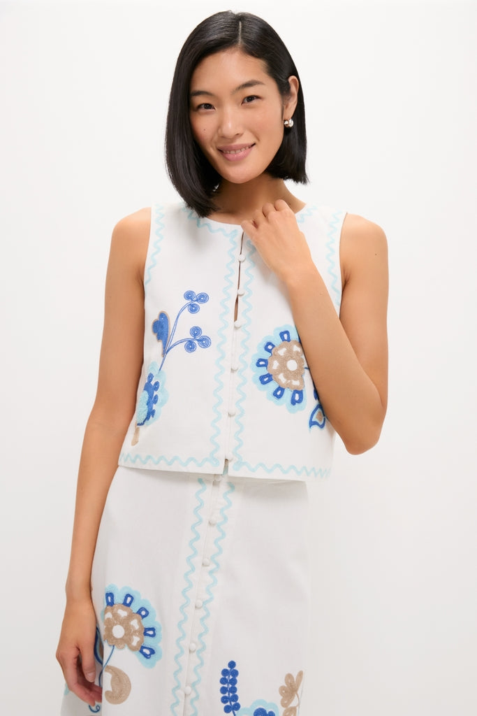 Young woman models the classic Folk Flower Embroidered Luna Top, a high-end, effortless two-piece with floral appliqués and rick-rack trim, exuding a fun, spring-like vibe.