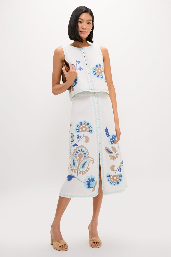 Model in an effortless, high-end Folk Flower Embroidered Luna Top and matching skirt, embodying a classic, fun style with floral motifs and scalloped edges.