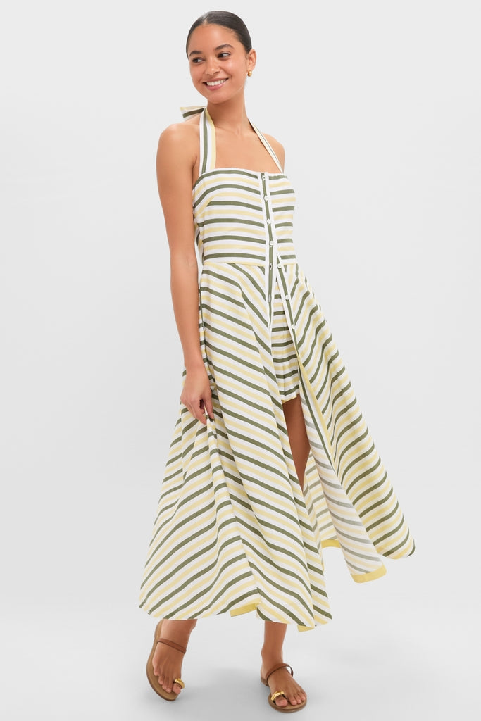 Green and Yellow Stripe Halter Button Down Mirabel Dress and Short Set
