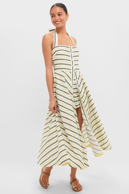Green and Yellow Stripe Halter Button Down Mirabel Dress and Short Set