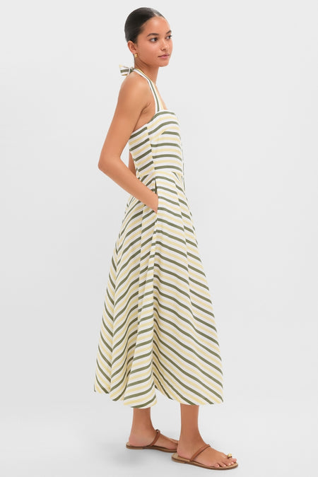 Green and Yellow Stripe Halter Button Down Mirabel Dress and Short Set