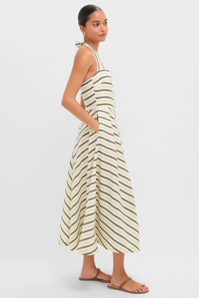 Green and Yellow Stripe Halter Button Down Mirabel Dress and Short Set