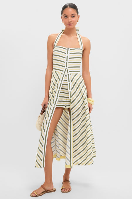 Green and Yellow Stripe Halter Button Down Mirabel Dress and Short Set