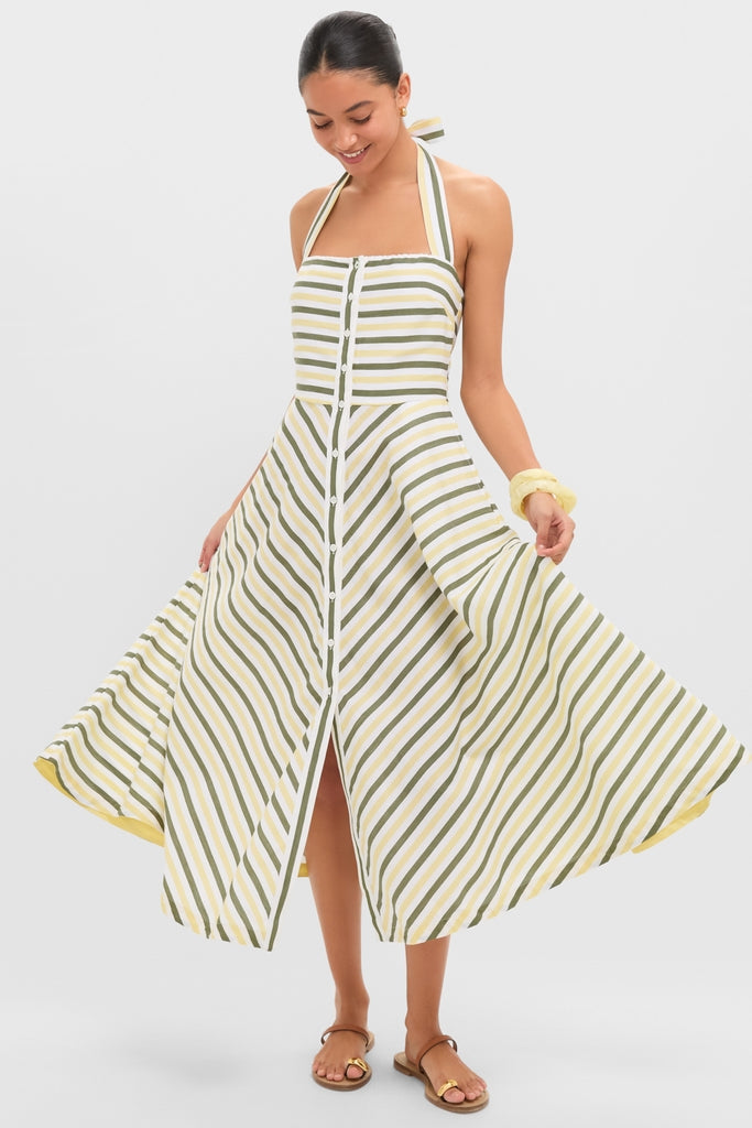 Green and Yellow Stripe Halter Button Down Mirabel Dress and Short Set