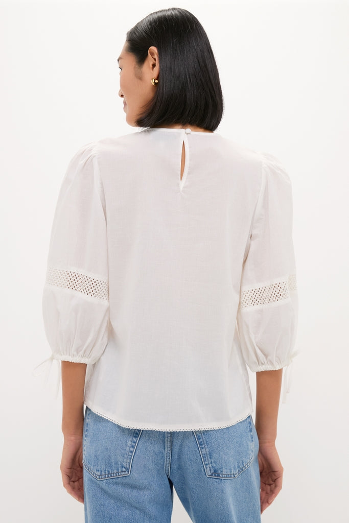 Back view of White Bella Blouse with classic, effortless design; features relaxed fit, eyelet detailing, and keyhole button closure. Paired with high-waisted jeans for a fun, high-end look.