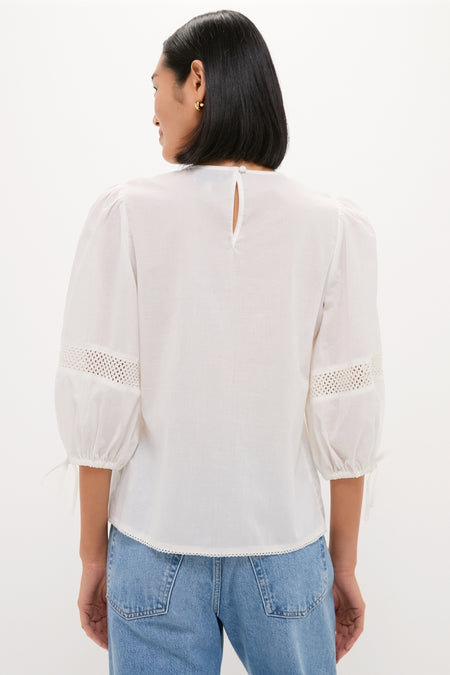 Back view of White Bella Blouse with classic, effortless design; features relaxed fit, eyelet detailing, and keyhole button closure. Paired with high-waisted jeans for a fun, high-end look.