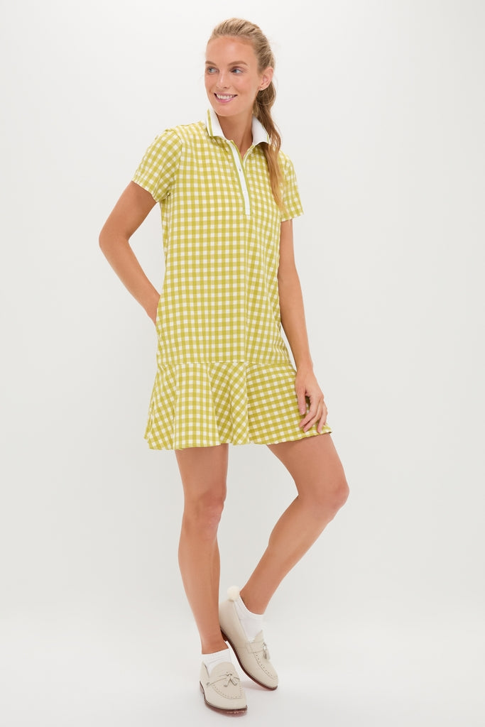 Light Green Gingham Performance Seersucker Short Sleeve May Golf Dress