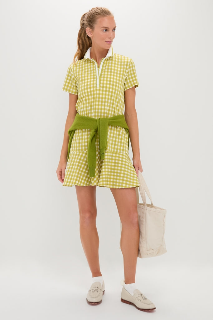 Light Green Gingham Performance Seersucker Short Sleeve May Golf Dress
