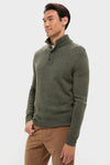 Man in classic Olive Green Cashmere Wool Button-Up sweater with a buttoned placket, paired with tan pants, exuding an effortless, high-end style for winter wear.