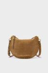 Taupe Oskan Soft Zip Shoulder Strap: A classic half-moon cross-body bag in brown suede with an effortless, high-end design, featuring decorative studs and adjustable strap.